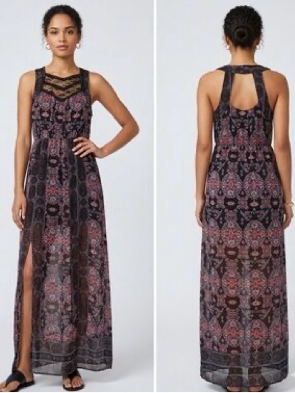 Free People Moroccan Boho Maxi Dress Lace Dark Gypsy Folk Festival Medium